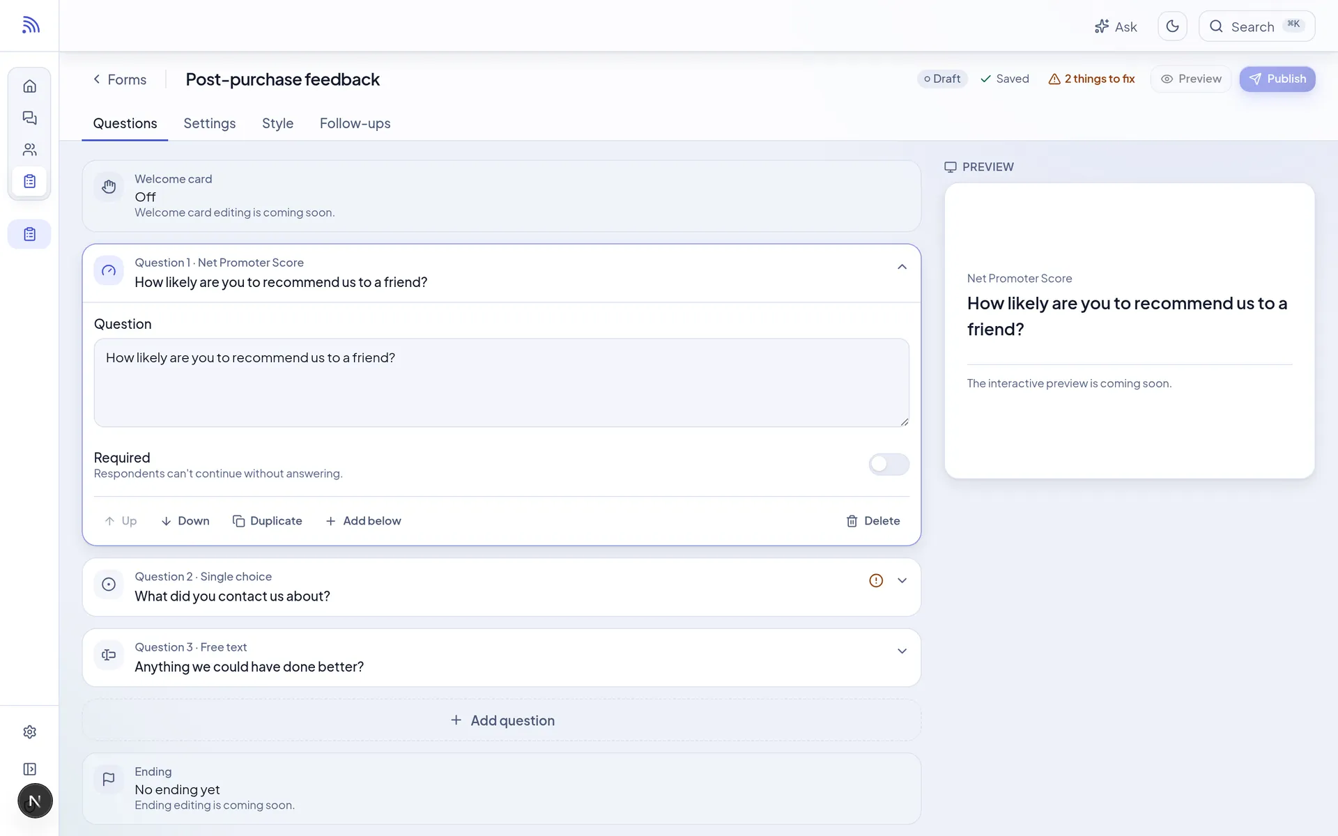 The Forms builder with a Net Promoter Score question open and a live preview beside it
