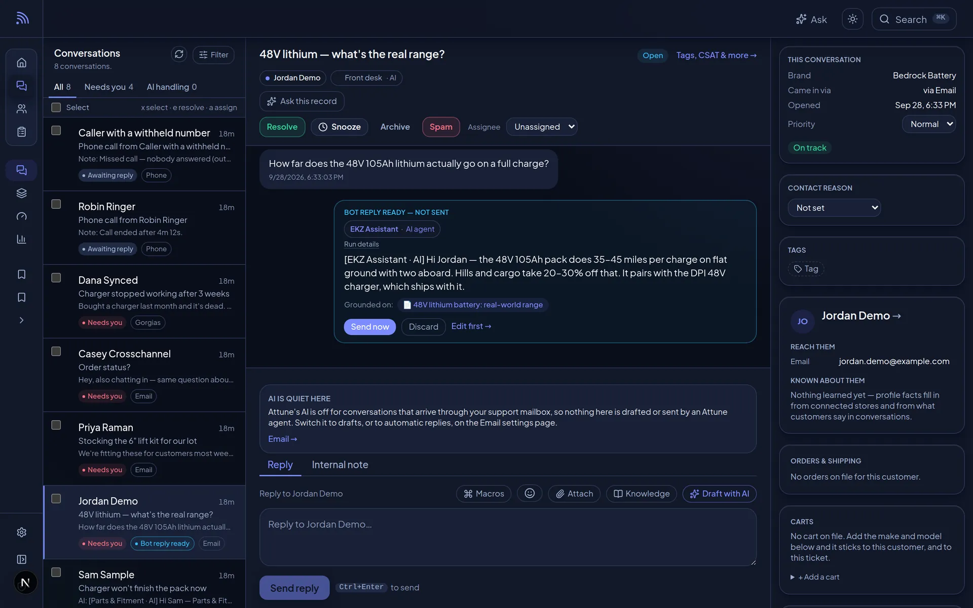 Threads: the conversation list, an AI agent's draft reply citing a knowledge article, and the customer's details in a side rail