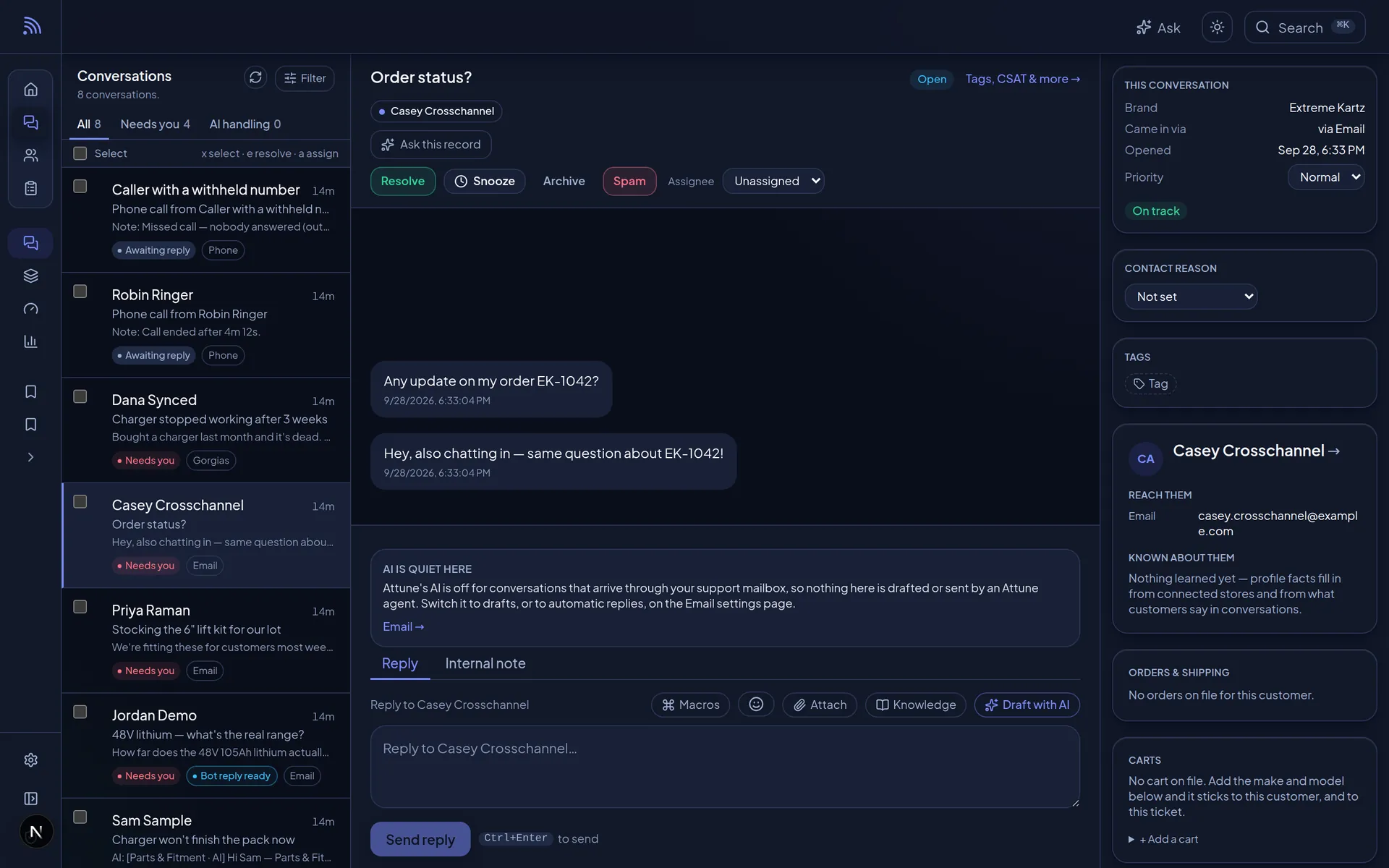 Threads: one conversation holding the same customer's email and chat messages about one order