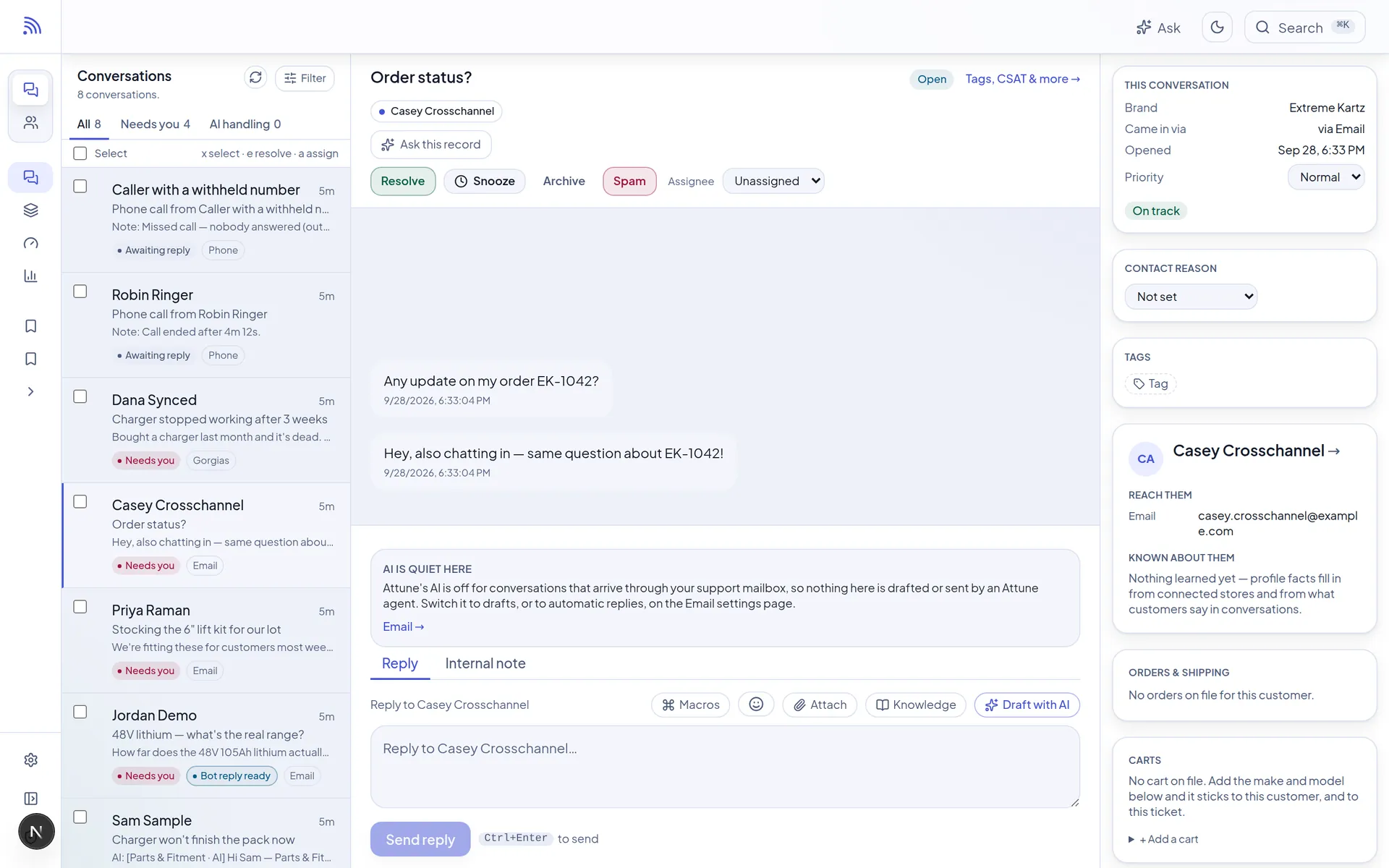 Threads: one conversation holding the same customer's email and chat messages about one order